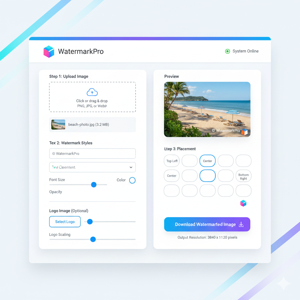 Add watermark to images online for free. Insert text or logo watermark, adjust size, opacity, and position, and download instantly. Fast, secure, and works on mobile or desktop.