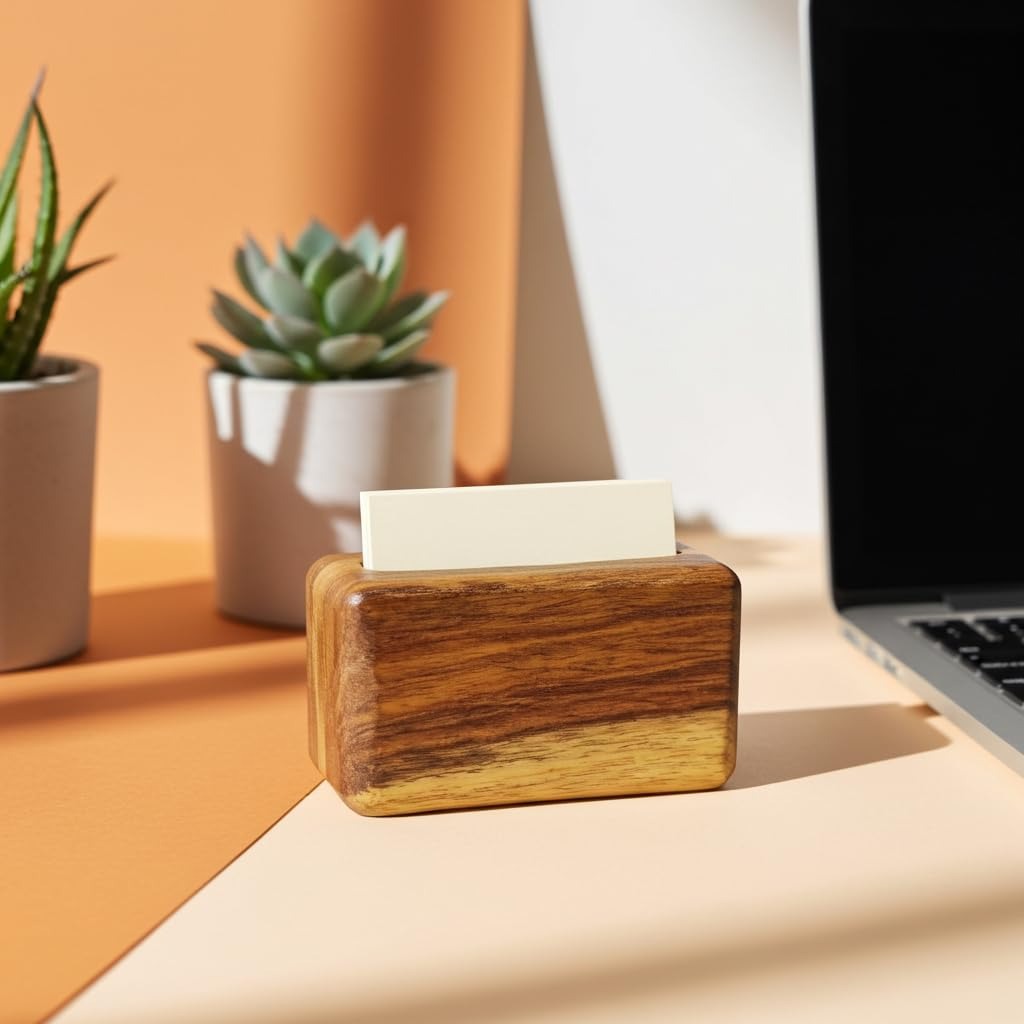antique aura – handcrafted solid wood visiting card holder | premium desk organizer | natural wooden finish