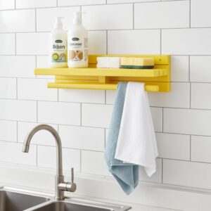 wall mounted wooden shelf with towel rod