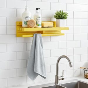 wall mounted wooden shelf with towel rod