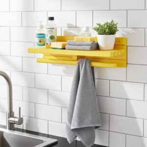 wall mounted wooden shelf with towel rod